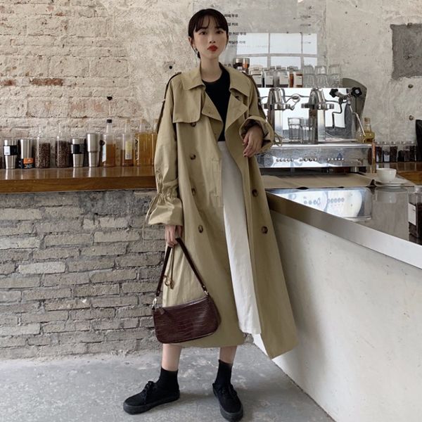 

korean designer khaki womens trench coat double breasted sashes windbreaker fashion ladies outwear long jacket clothing x02, Tan;black
