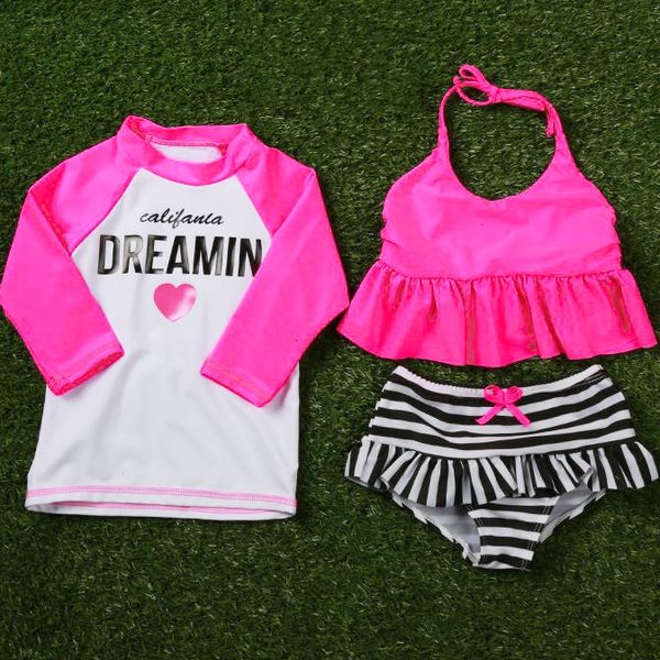 

new girls swimsuit two pieces suits bikini set + shirt kids swimwear bathing suit beach wear for 1-12 years old s75901