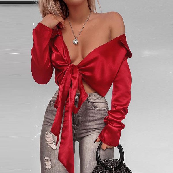 

fashion women blouse long sleeve deep v neck ladies party club crop shirt summer clothes streetwear