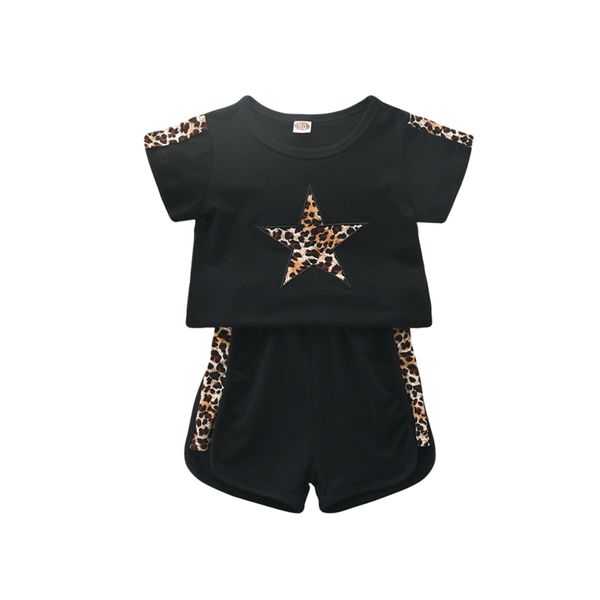 

summer children's short-sleeved leopard stitching embroidered + shorts two-piece children's fashion sports suit, White