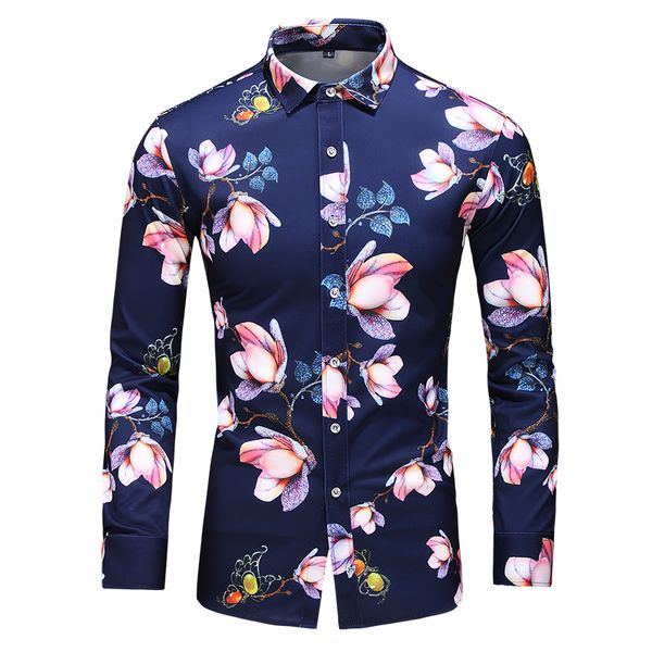 

hcxy atumn men's casual shirt 2019 long sleeve floral shirts men easy-care non-ironing man printing shirt, White;black