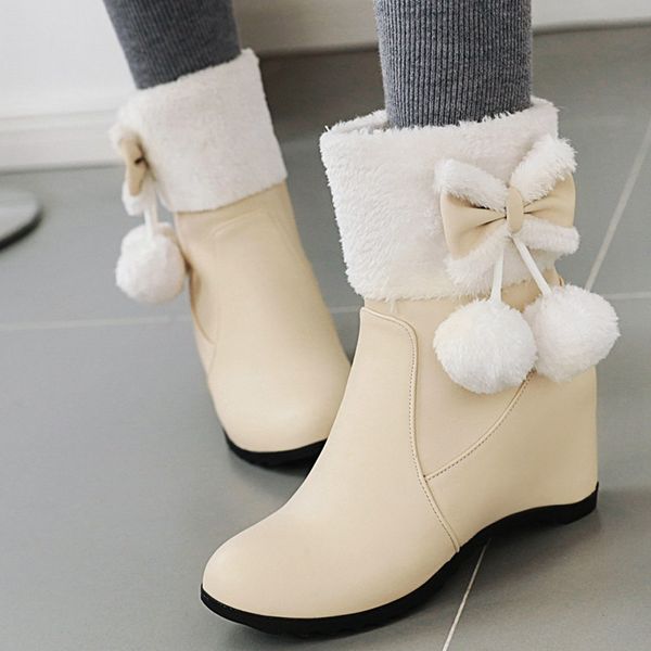 

winter snow boots for women women's sweet wedges bow ankle bare boots side zip casual short tube booties botas mujer#g3, Black