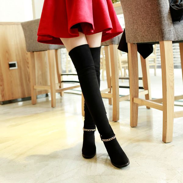 

2016 big size 34-43 high heels autumn winter shoes for women casual slip-on ribbons women's boots big size 8156, Black
