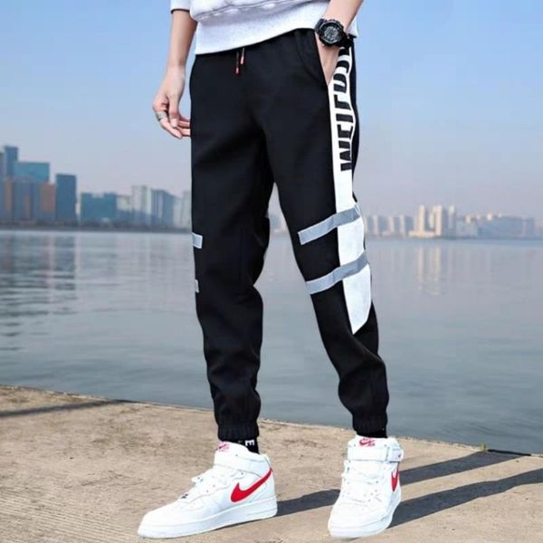 

autumn and summer trend pants men's loose sports korean nine-point pants casual hip-hop ins beam feet reflective, Black