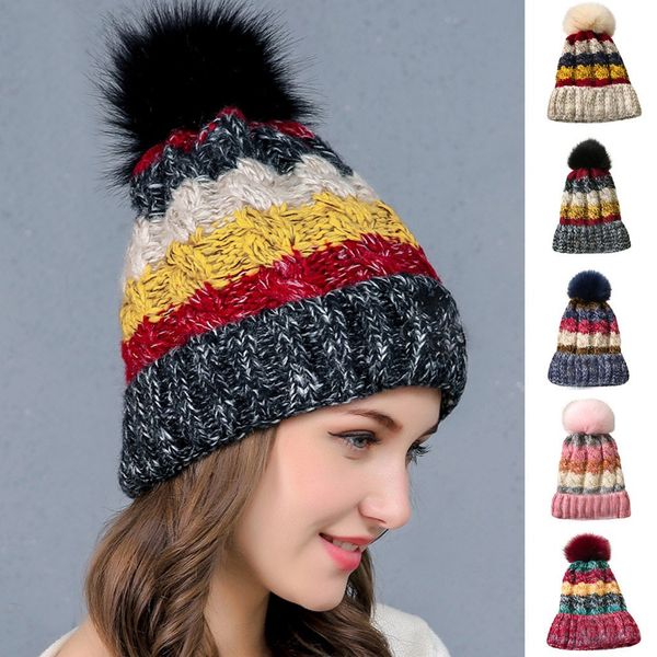 

vintage women winter hat warm knitting caps fashion thicken stripes patchwork windproof gorra hombre colorful pompoms#d, Blue;gray