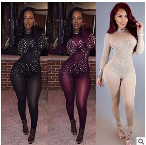 

2019 new mesh night club clothes with gold ironing drill long sleeve slim pants pullover o-neck elastic waist women's sets, White