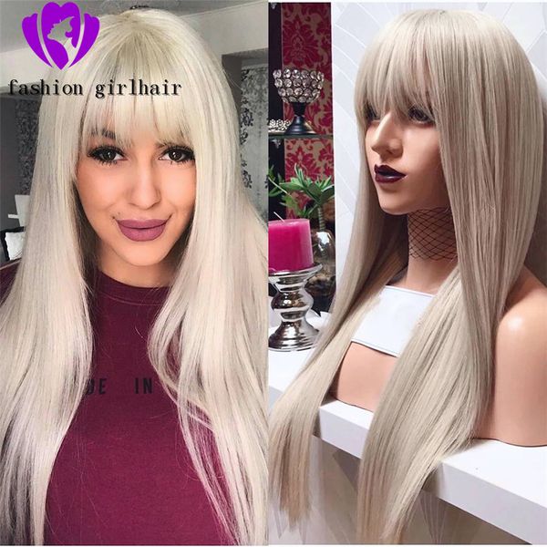 

new black/blonde/red/brown straight brazilian lace front wigs with bangs pre plucked glueless synthetic wig for black women