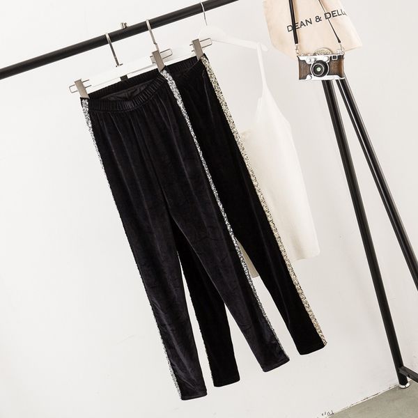 

fat size female dress fat sister stylish slim golden velvet outside bottom pants in autumn 2019, Blue