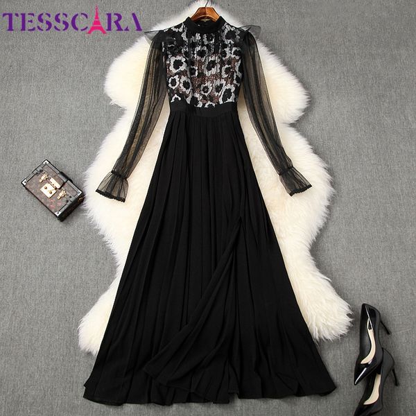 

casual dresses tesscara women runway designer luxury long maxi pleated dress vintage party robe elegant lace cocktail vestidos, Black;gray