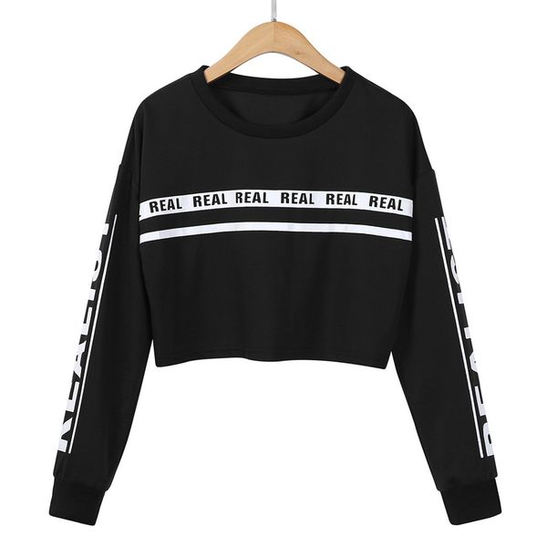 

2019 new women fashion white letter print crop sweatshirt blouse Â 10.18, Black