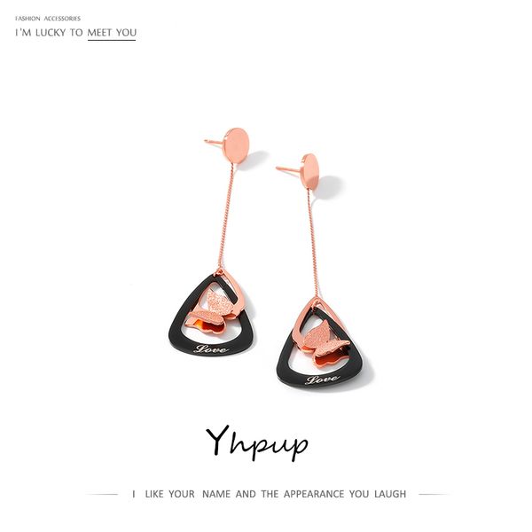 

yhpup chic butterfly dangle earrings black rose gold long chain stainless steel earrings for female girlfriend gift, Silver