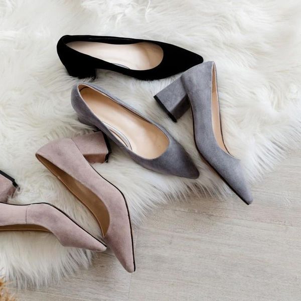 

spring 2019low-heeled women high heel single shoe cover shallow mouth thick heel ultra-fine fiber fashion elegant women's shoes, Black