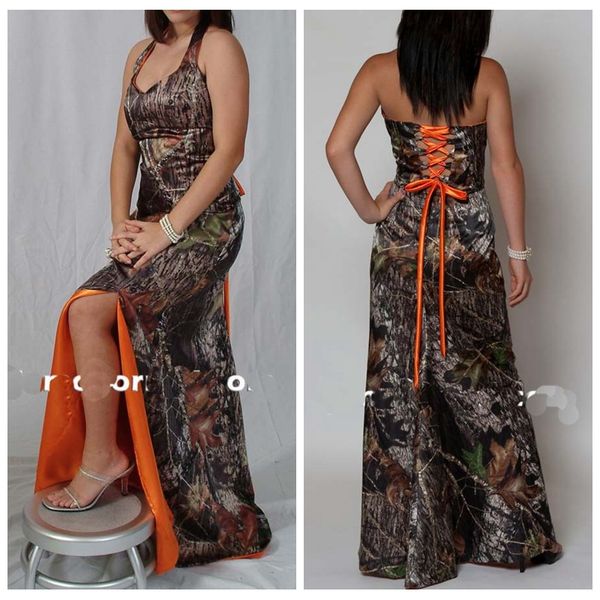 

2020 halter camo long camouflage bridesmaids dresses split custom lace up back honor of maid spring vestidos de bridesmaids gowns plus size, White;pink