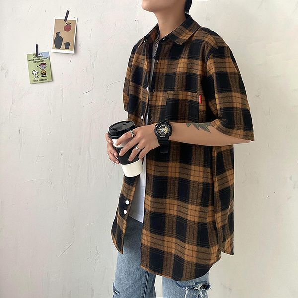 

men's clothing 2020 summer new youth loose plaid short-sleeved men's shirt couple shirt men, White;black