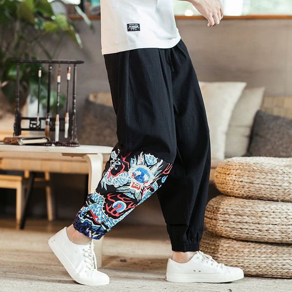 

chinese style autumn new pants men brand loose plus size mens harem pant high waist casual print joggers men's trousers black