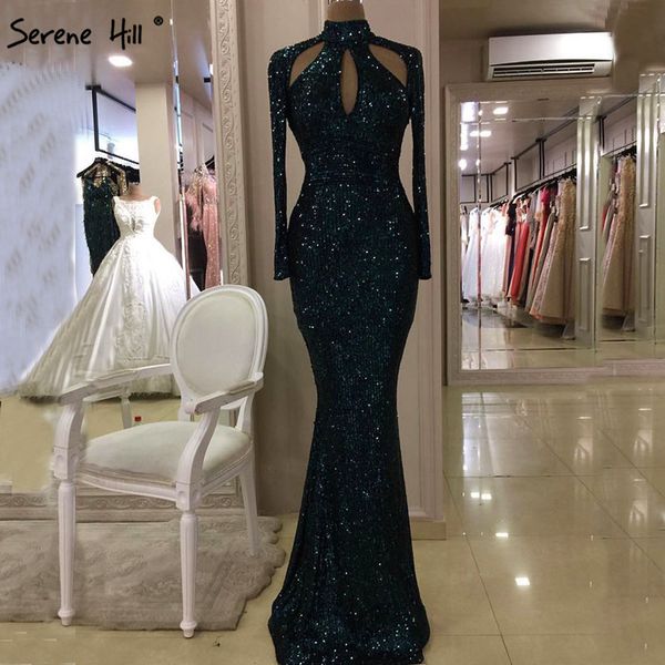 

serene hill new designer green high neck evening dress 2020 sequins long sleeves fashion luxury formal party gown cla6314, White;black