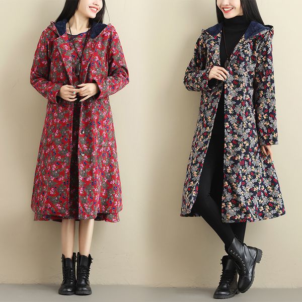 

autumn winter new women national wind medium length plus velvet thick hooded cotton coat large size floral cotton padded clothes, Tan;black