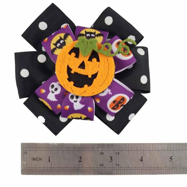 

20pcs 4 .5inch cute halloween hair bow with pumpkin smile dot printed ribbon two layers hairgrips hairpins hair accessories for girls, Golden;silver