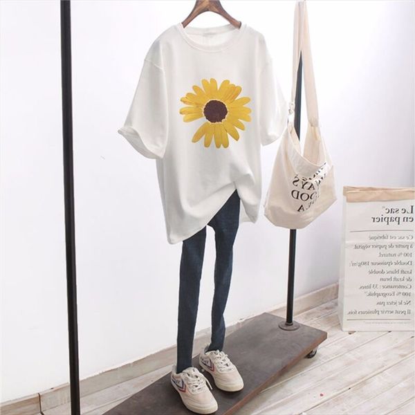 

profiteering daisy short-sleeved t-shirt women's cotton loose t-shirt long skirt large size women's mid-length skirt, White
