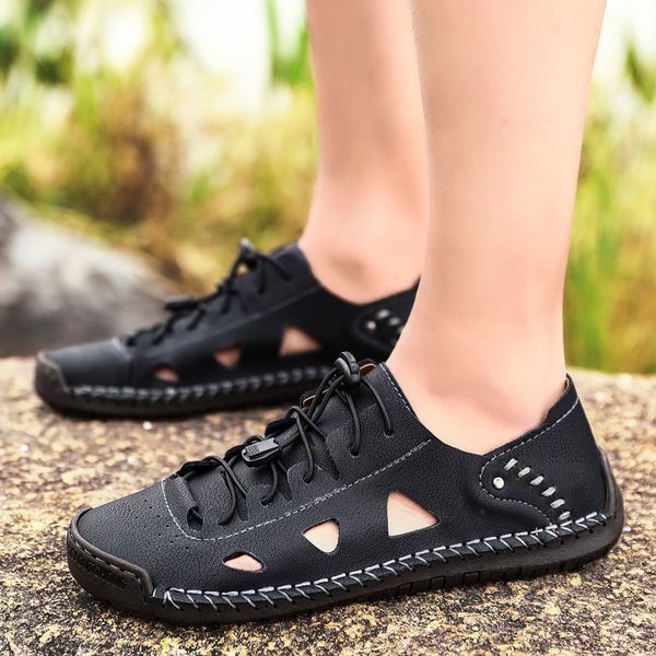 

men's casual shoes leather sandals mens roman sandals man summer shoes male comfortable shoe beach fashion, Black