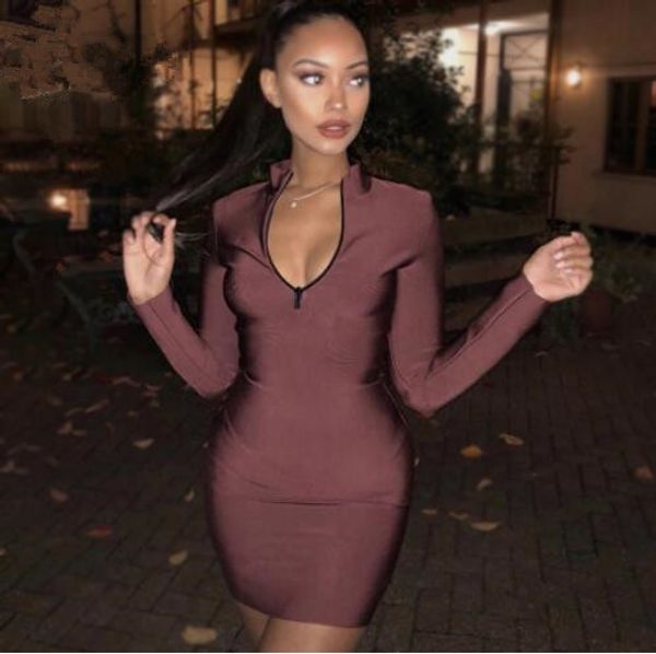 

brown and black color women's rayon bandage dress long sleeve bodycon mini dress celebrity fashion, Black;gray