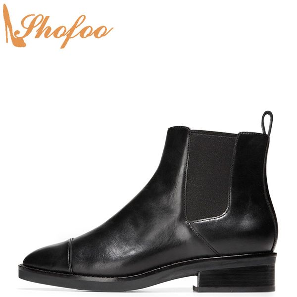 

black ankle boots med chunky heels woman round toe booties pull-on large size 13 16 ladies fashion mature shoes shofoo
