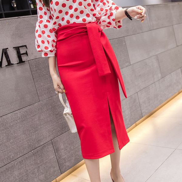 

spring slit pencil skirt women bandage high waist fashion women's split office skirts 2019 new hip package midi party skirt, Black;gray