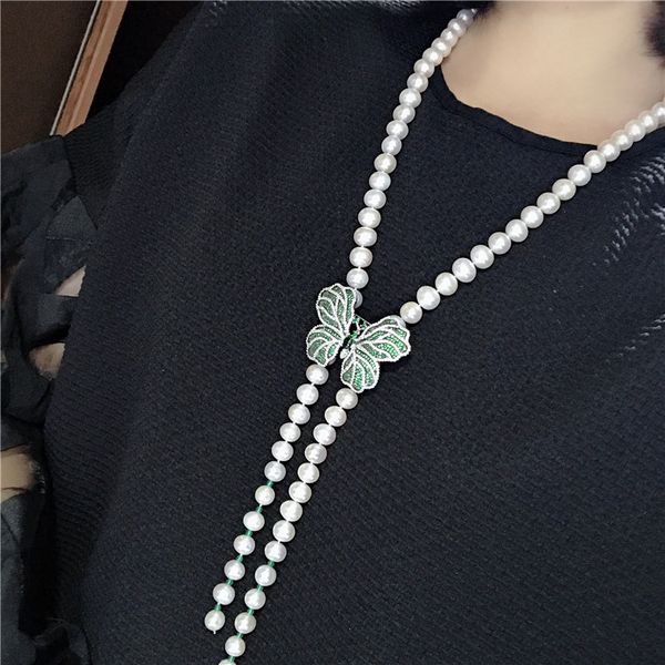 

women's fashion jewelry micro inlaid zircon butterfly accessories 8-9mm freshwater pearl necklace, Silver