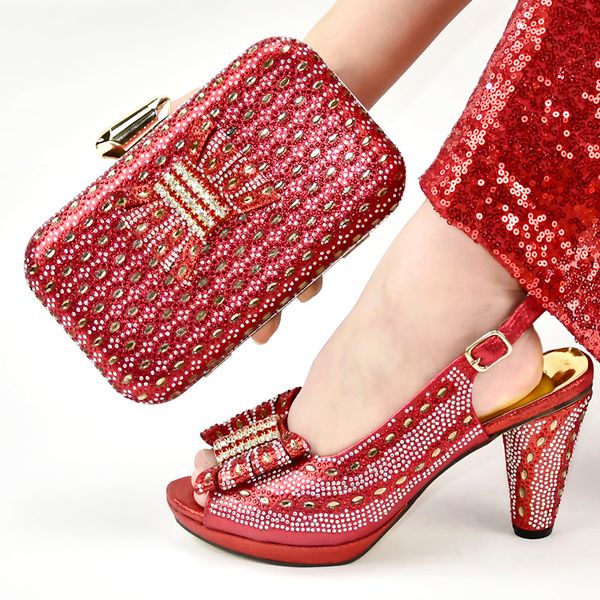 

latest design red italian shoes with matching bags set decorated with rhinestone african shoes for women high heels party pumps, Black