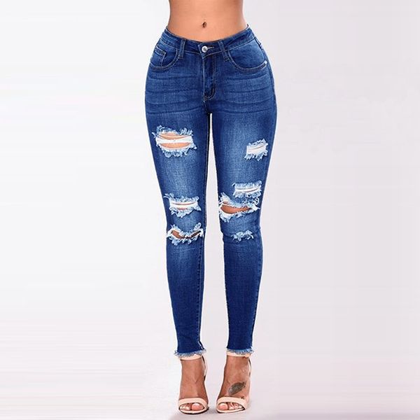 

skinny jeans woman mid waist long solid button hole pocket fashion casual denim stretch pencil pants jeans mujer 3xl oy41*, Blue