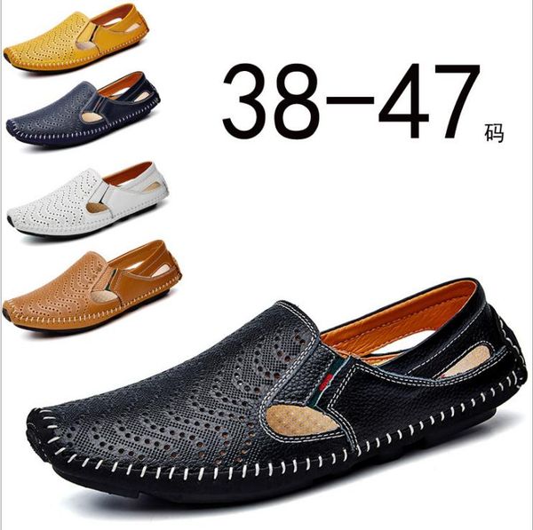 

hollow out leather men sandals genuine leather sandals men big sizes breathable casual driving shoes, Black