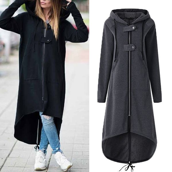 

autumn winter women trench fashion hooded zipper long trench fleece women causal solid irregular pocket long, Tan;black