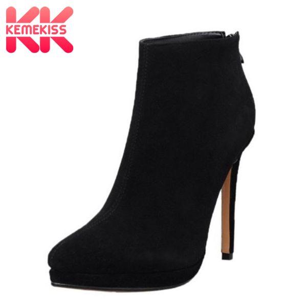 

kemekiss women high heel boots brand genuine leather platform warm shoes women new fashion party wedding ankle boots size 32-39, Black