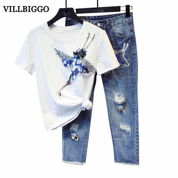 

women's bird appliques beading t-shirt ripped denim jean pants suit set 2020 designer runway suit set, Blue