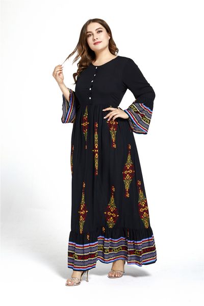 

european and american plus size floor length women new fashion casual dress black loose long sleeve flower printed dress long sleeve, Black;gray