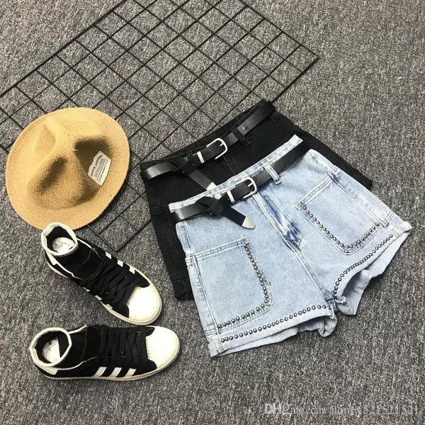 

2020 new women's high waist rivets patchwork denim jeans shorts casual fashion design pants trousers plus size smlxl