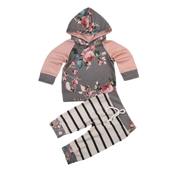 

6m для 5years 2pcstoddler ребёнки floral с длинным рукавом с капюшоном топы + полосатые брюки леггинсы нижнее комплект одежды, White