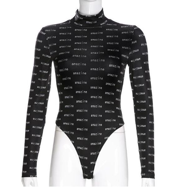 

new women's black high-neck letter printed slim long-sleeved jumpsuit, Black;white