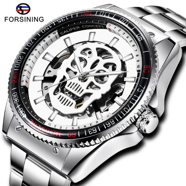 

brand forsining men automatic mechanical watch sport male clock skull skeleton luminous waterproof clock, Slivery;brown