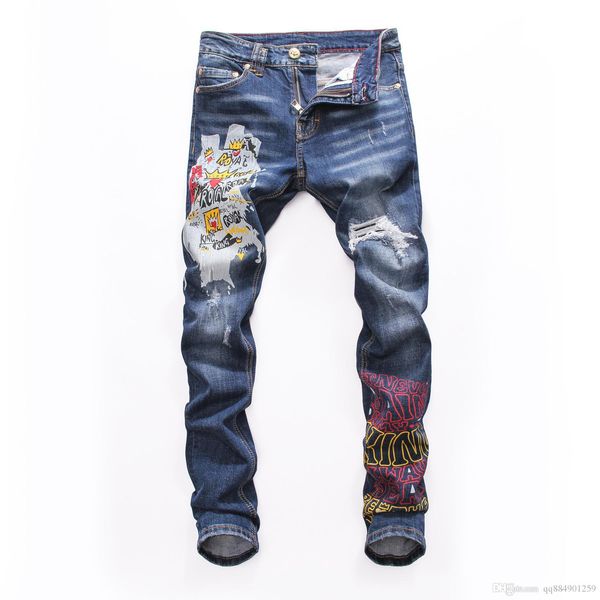 

2019 new print original ins quality nightclub straight skinny ripped desiger jeans painted brand mens jeans long demin pants size 28-38, Blue
