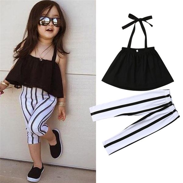 

1-6y girl summer clothing set kid strap +striped pants leggings 2pcs outfits kid fashion childrens clothes set toddler girl clothes, White
