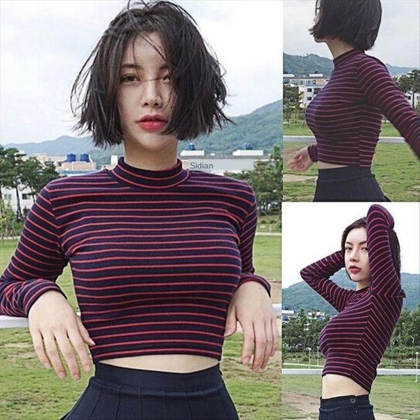 

navel striped long-sleeved t-shirt academic style half-high collar short navel striped jacket long-sleeved t-shirt women's academi, White