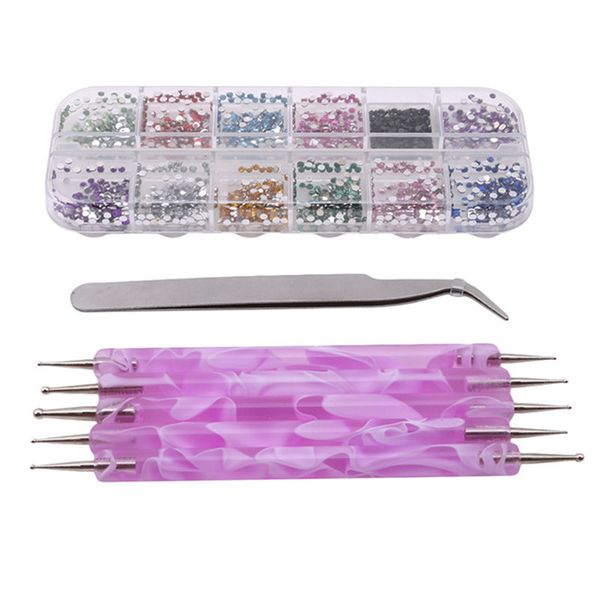 

new charm rhinestone jewelry+tweezers suit nail art decor+5pcs nail art dotting pen 12 mixed colors wheel design 3d tip, Silver