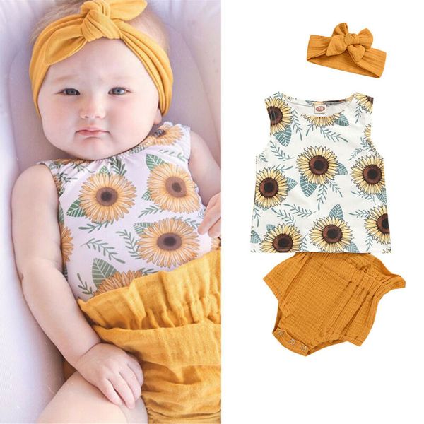 

newborn baby girl clothe vest shorts pp pants sunflower summer 3pc outfit, White