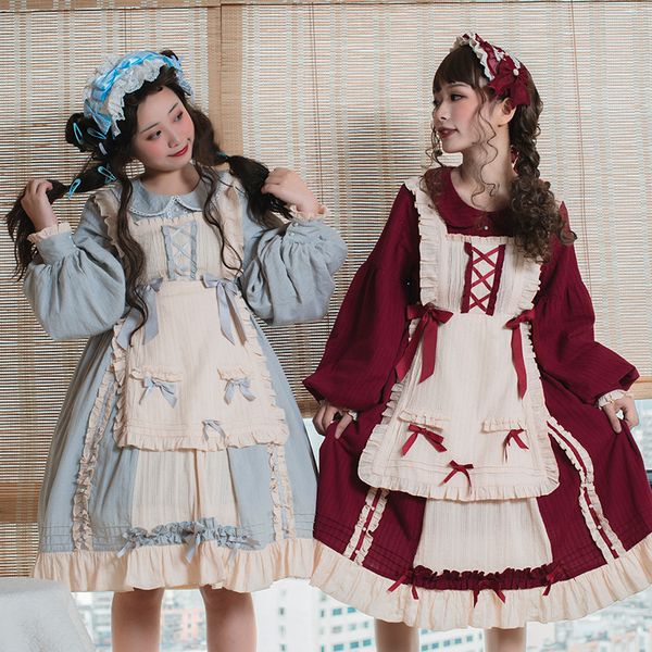 

japanese kawaii lolita cute cream teenage girl sweet lolita lantern long sleeve doll lapel bowknot ruffle splice tied op dress, Black;gray