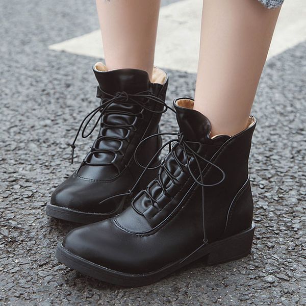 

2019 fashion women boots ankle square heel shoes lace-up platform casual short casual spring plus size autumn boot dropshipping, Black