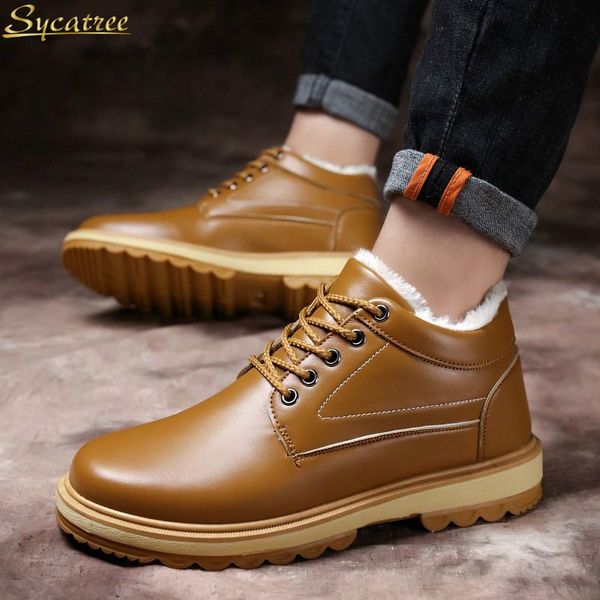 

sycatree 2018 new winter leather casual shoes for men with plush keep warm walking shoes flats loafers men's sneakers, Black