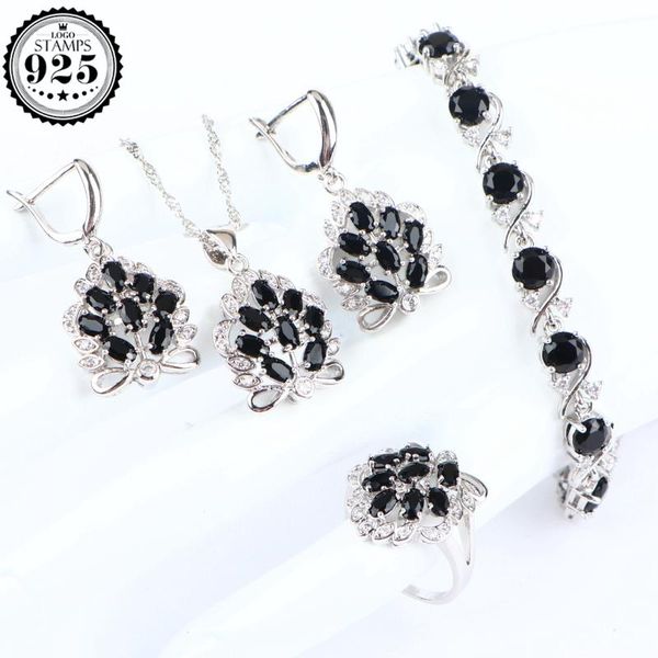 

silver 925 women bridal jewelry sets black stones zirconia wedding jewelry bracelet ring pendant earrings necklace set gifts box, Slivery;golden