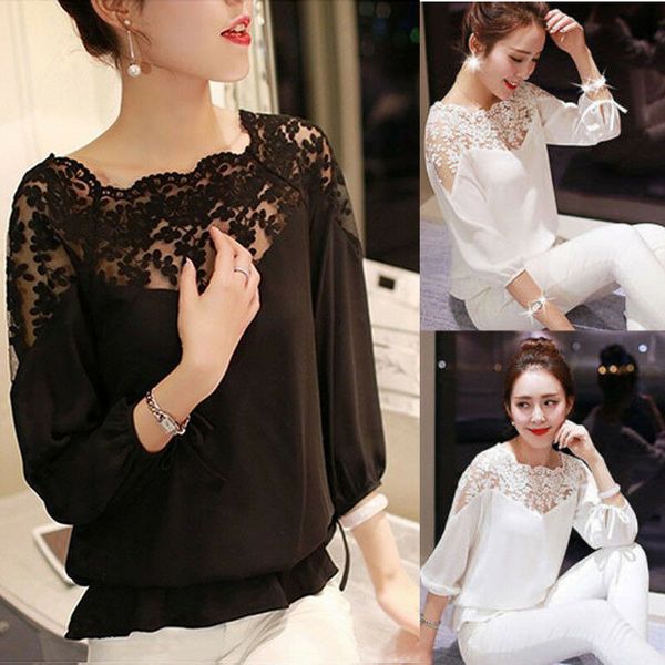 

new style women's shirts casual long sleeve floral lace shirt blouse ruffle ladies loose se e through fashion 2019, White