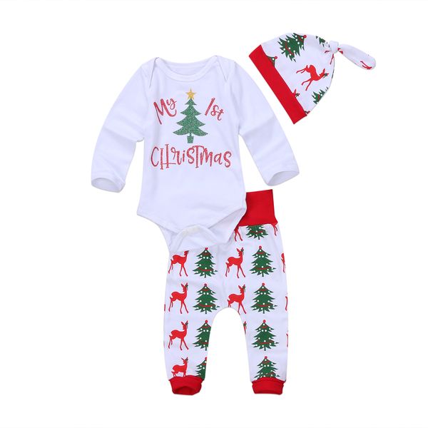

2020 newborn baby girl boy christmas clothes sets letter bodysuit+elk tree print long pants 2pcs outfits set 0-24m